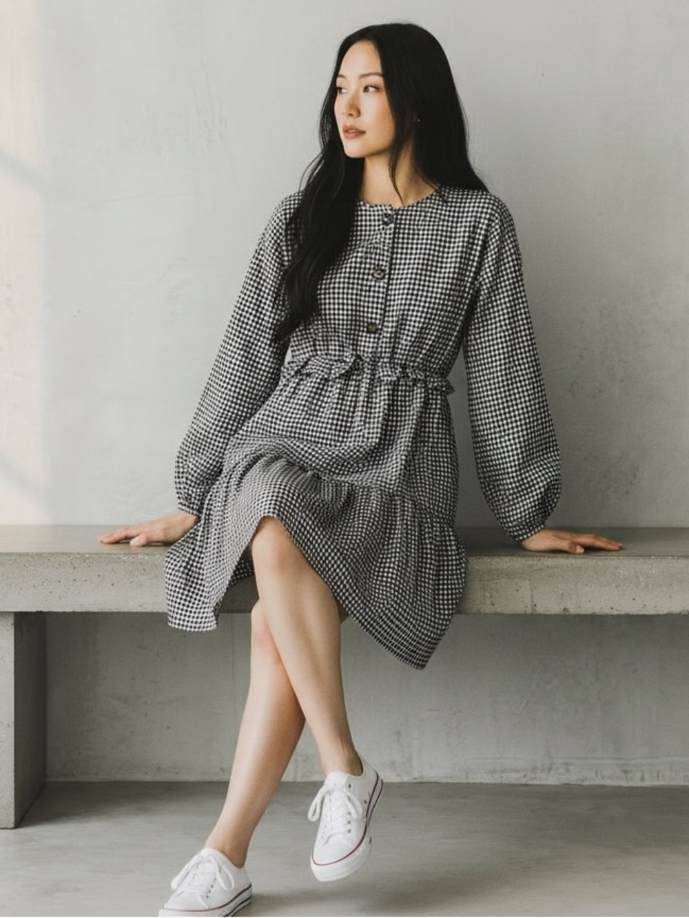 Gingham Long-Sleeve Tie-Waist Mini Dress - Black & White